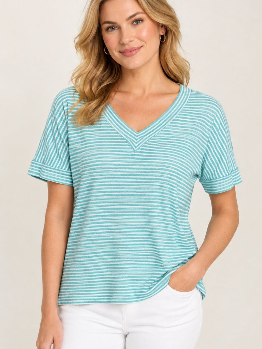 Talbots Aqua & White Striped V-Neck Short Sleeve Tee Size Medium